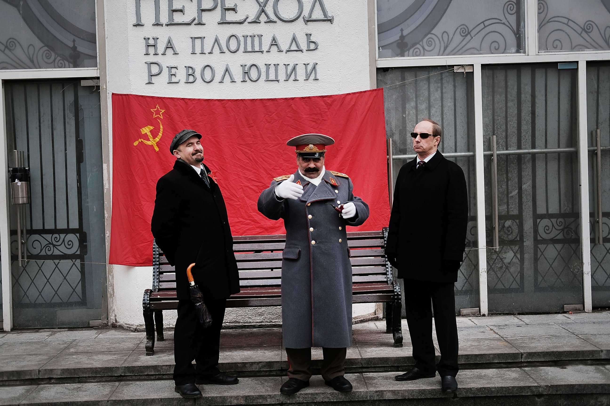 PHOTO: Performers dressed as Vladimir Lenin and Joseph Stalin stand in central Moscow on March 3, 2017.