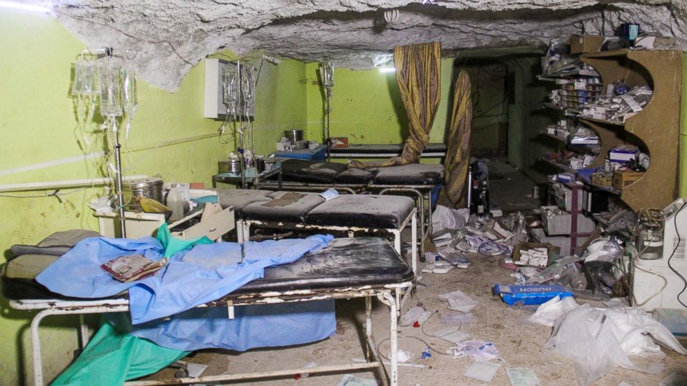 Destruction at a hospital in Khan Sheikhun, a rebel-held town in the northwestern Syrian Idlib province, following a suspected chemical attack, April 4, 2017.