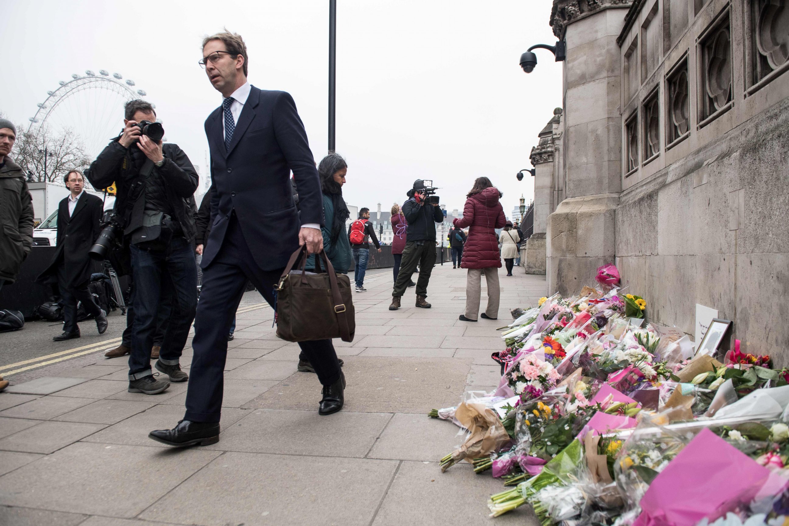 PHOTO: British Conservative Party politician Tobias Ellwood, who gave first aid to the fatally wounded police officer Keith Palmer arrives at the Houses of Parliament in central London on March 24, 2017.