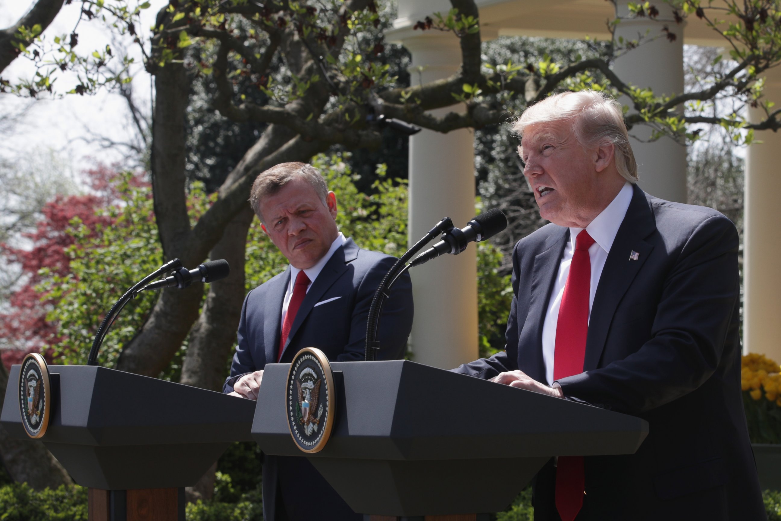 PHOTO: President Donald Trump and King Abdullah II of Jordan participate in a joint news conference at the Rose Garden of the White House April 5, 2017 in Washington.