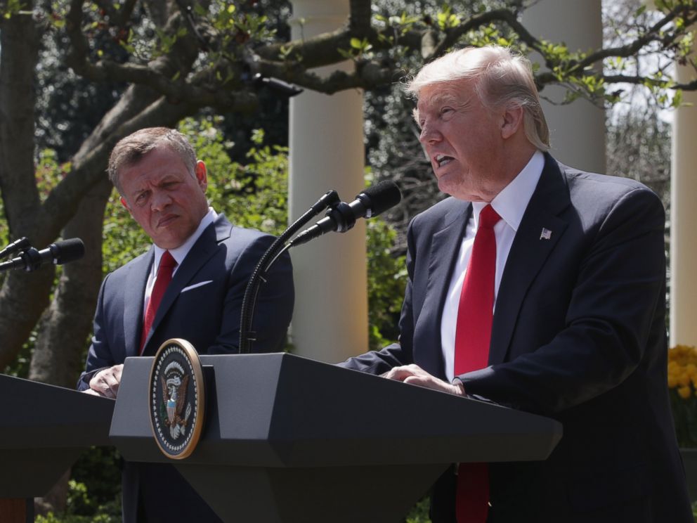 PHOTO: President Donald Trump and King Abdullah II of Jordan participate in a joint news conference at the Rose Garden of the White House April 5, 2017 in Washington.