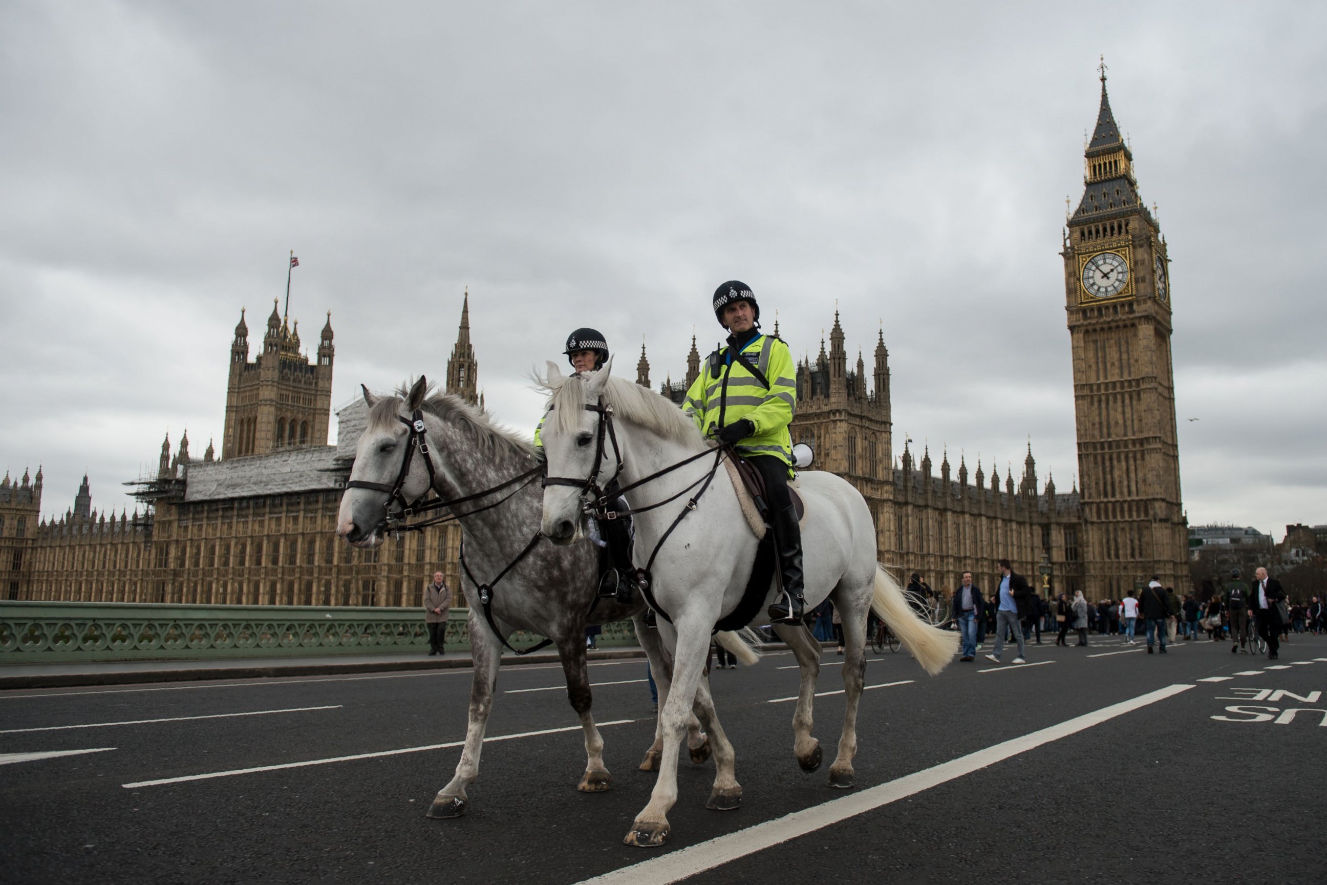 PHOTO: Mounted police officers patrol Westminster Bridge near the Houses of Parliament in  London, March 29, 2017, before a vigil to commemorate the terror attack that killed four last week. 