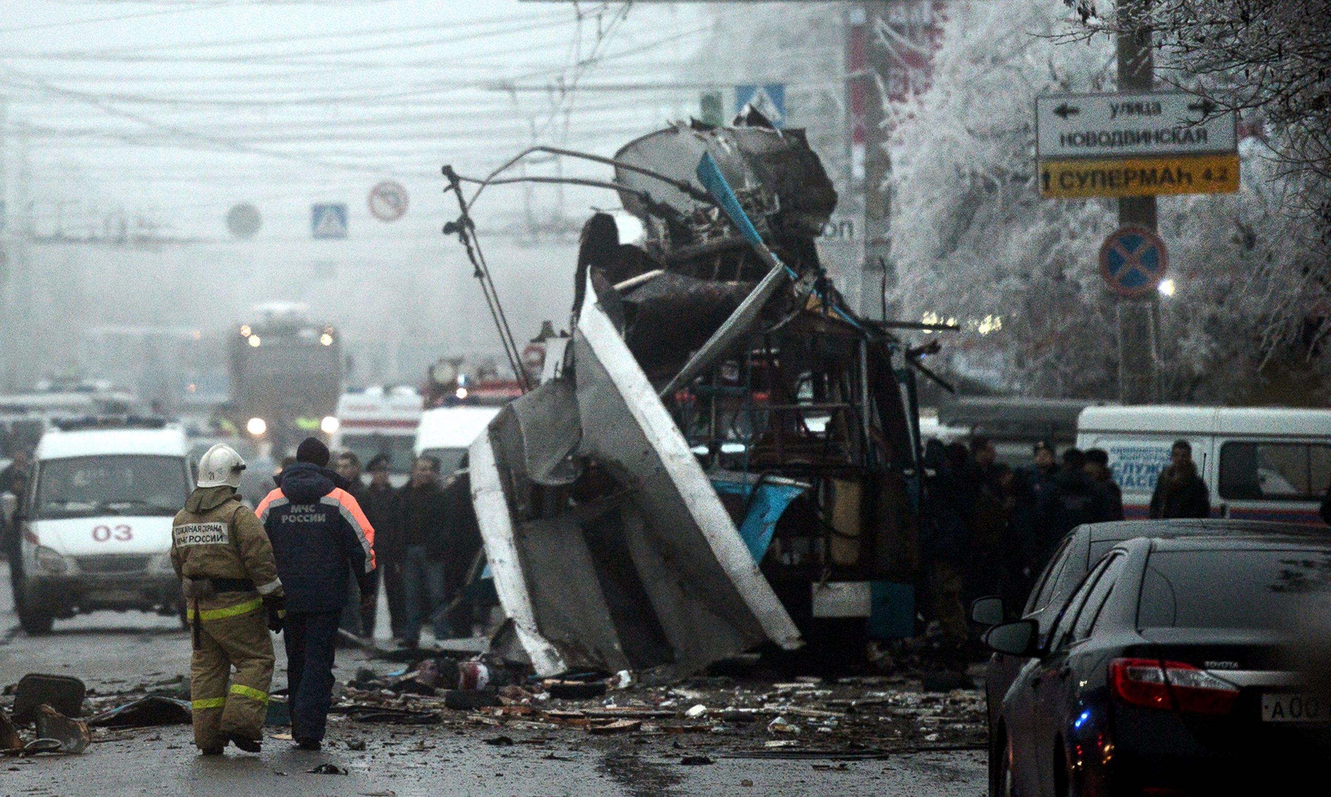 PHOTO: Russian firefighters and security personnel inspect the destroyed trolleybus in Volgograd, Dec. 30, 2013.  