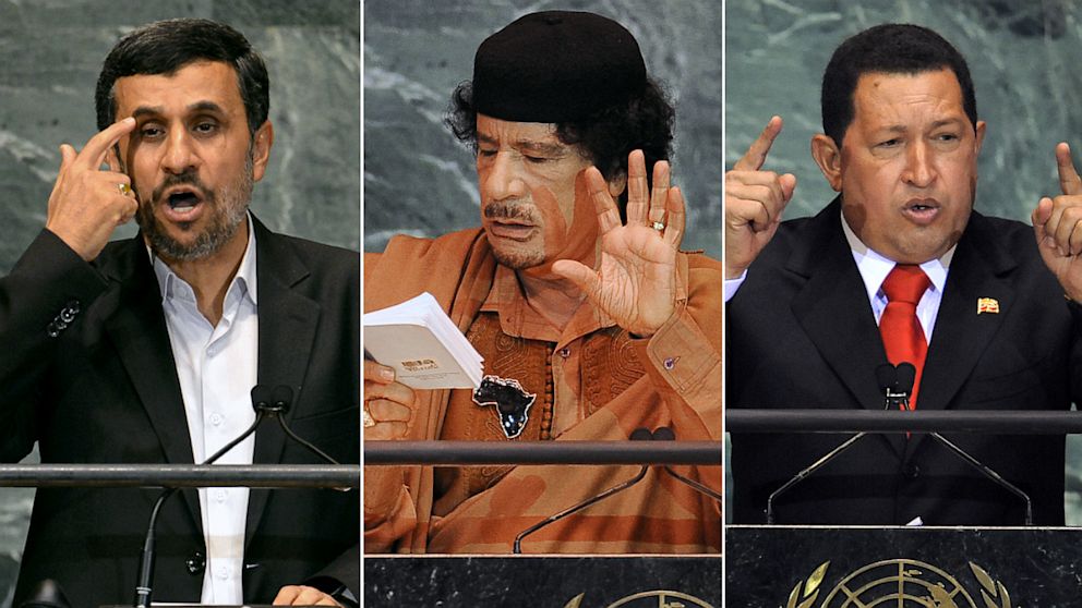 Iranian President Mahmoud Ahmadinejad, Libyan leader Moammar Gadhafi, and Venezuelan President Hugo Chavez, left to right, are show addressing the United Nations General Assembly in these file photos.