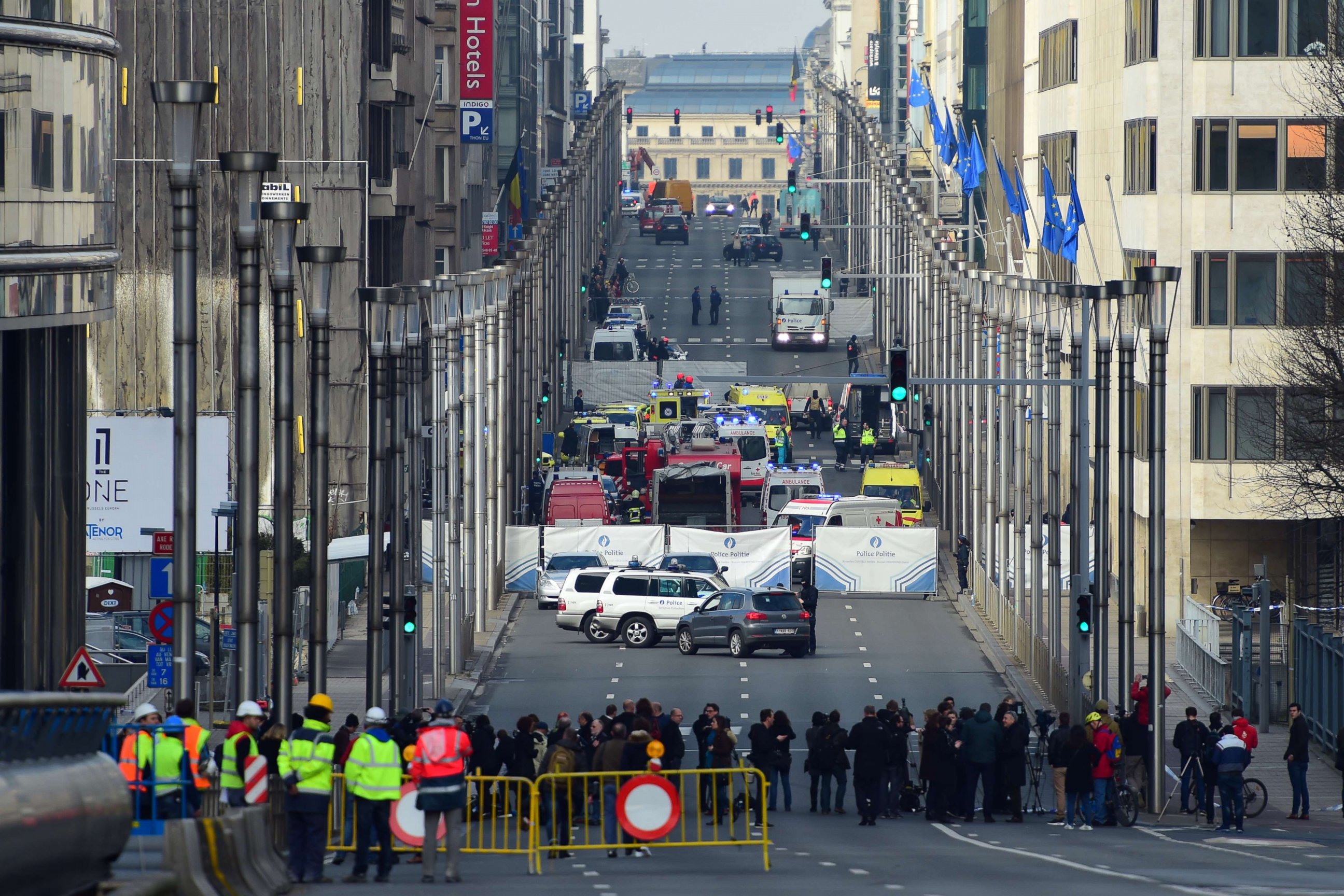 PHOTO: A security perimeter has been set, on March 22, 2016 near Maalbeek metro station in Brussels.