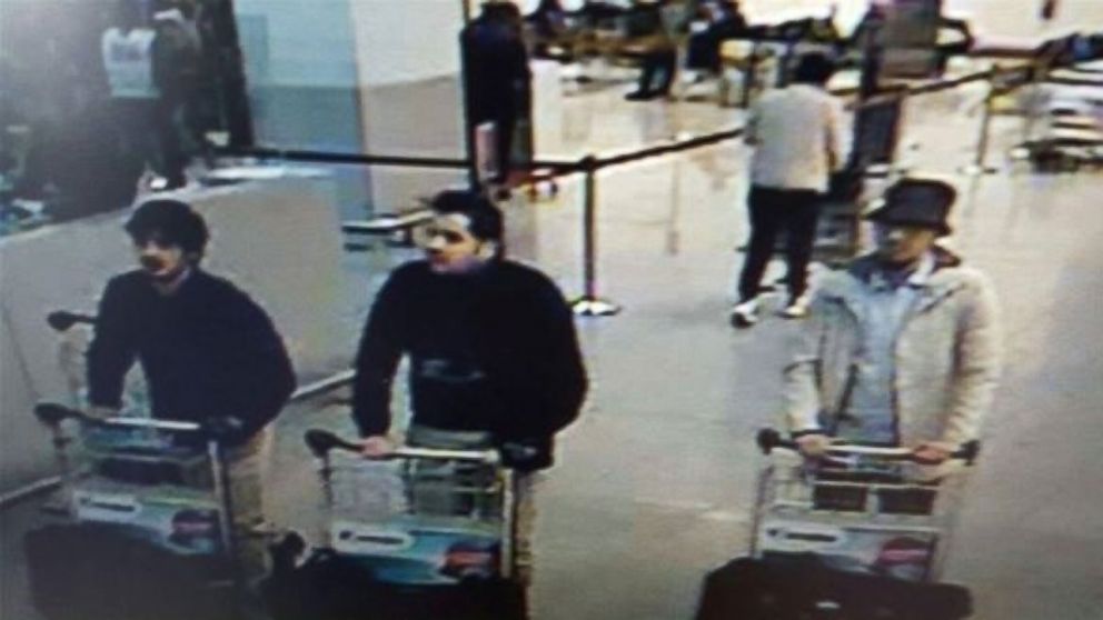 PHOTO: An image made from a security camera and released on March 22, 2016 by the Belgian federal police shows what the police say are possible suspects in the Brussels airport attack.
