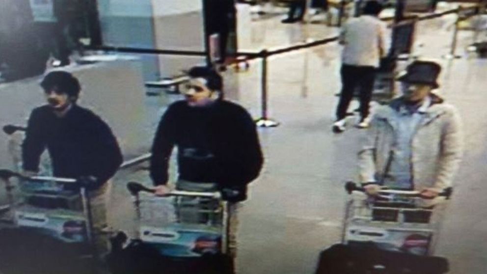 PHOTO: An image made from a security camera and released on March 22, 2016 by the Belgian federal police shows what the police say are possible suspects in the Brussels airport attack.