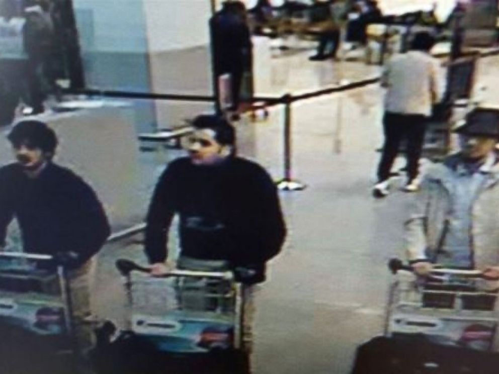 PHOTO: An image made from a security camera and released on March 22, 2016 by the Belgian federal police shows what the police say are possible suspects in the Brussels airport attack.
