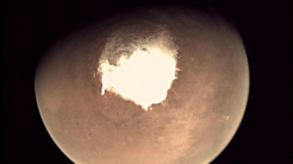 PHOTO: This handout picture released on Oct. 16, 2016 by the European Space Agency  shows planet Mars as seen by the webcam on ESAs Mars Express orbiter.