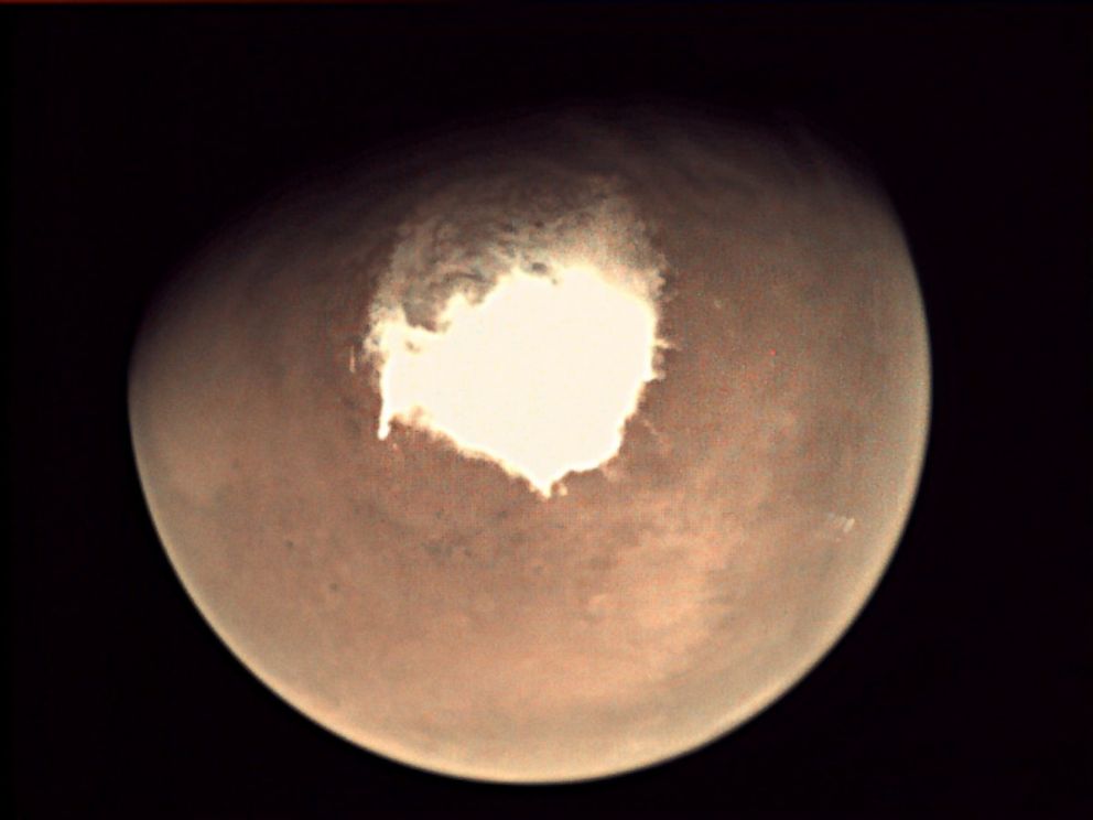 PHOTO: This handout picture released on Oct. 16, 2016 by the European Space Agency  shows planet Mars as seen by the webcam on ESAs Mars Express orbiter.