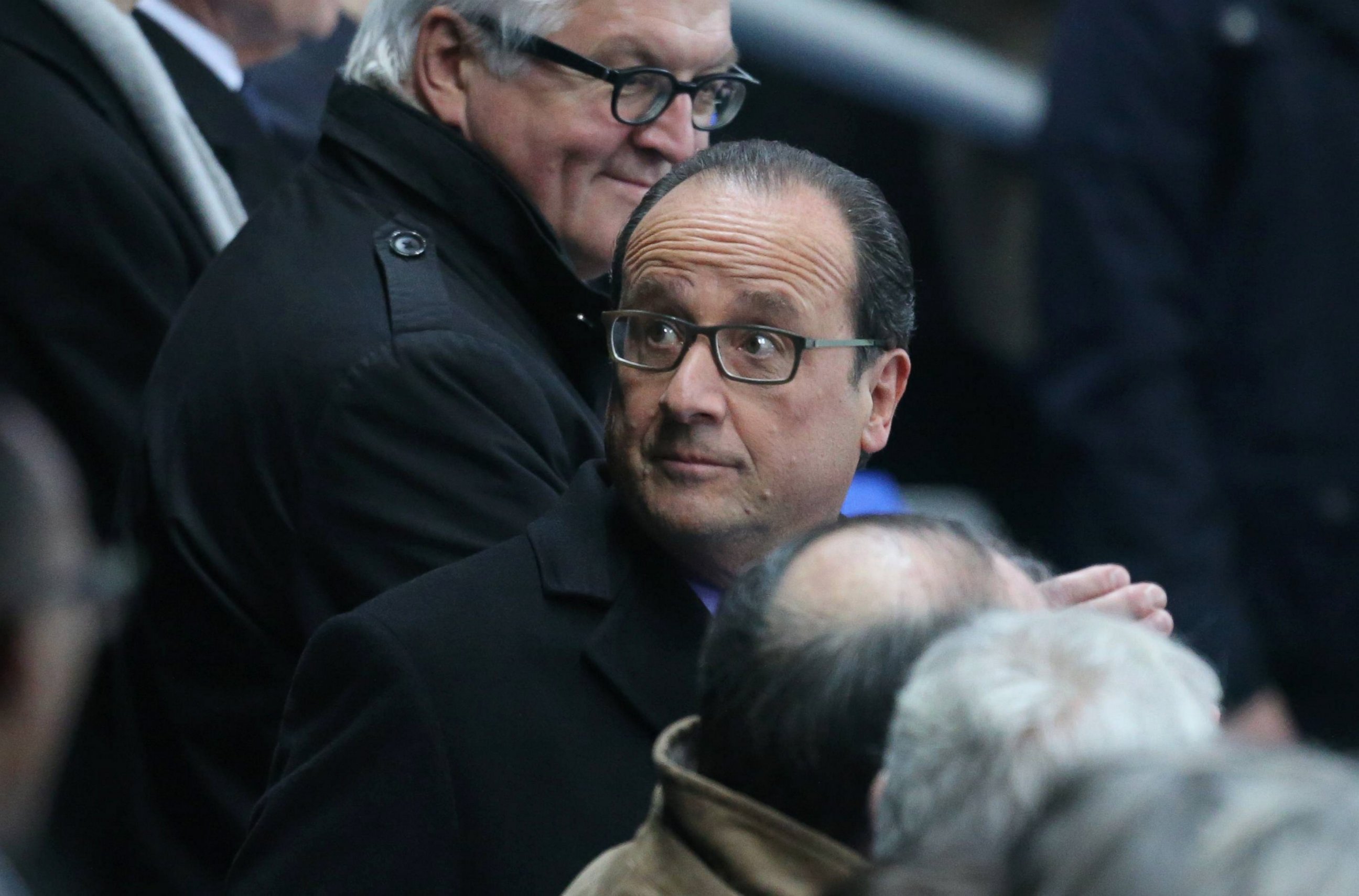 PHOTO: French President Francois Hollande is escorted out of the Stade de France by his security team after reports emerge of a series of violent incidents in and around Paris on Nov. 13, 2015.