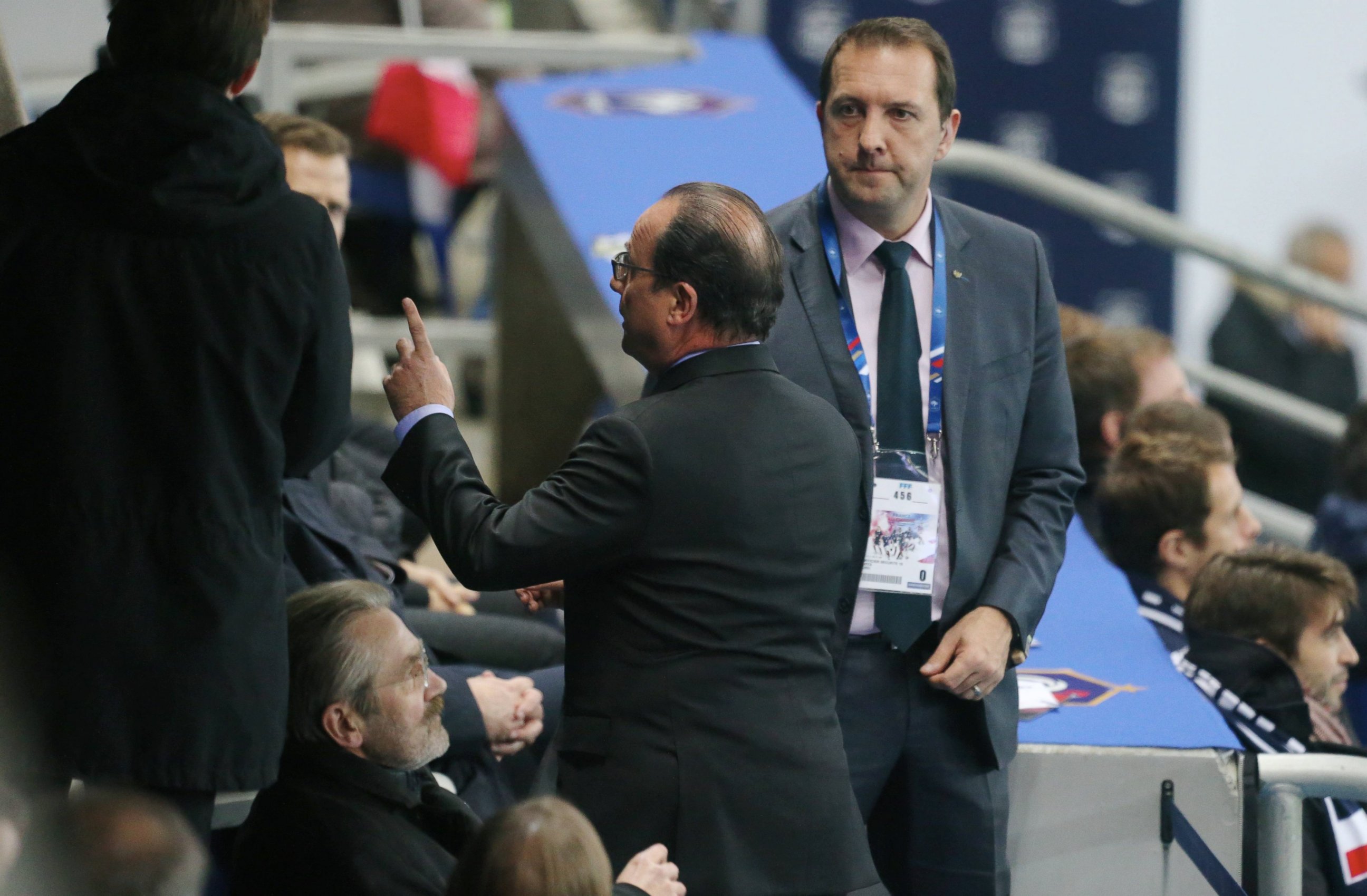 PHOTO: French President Francois Hollande is escorted out  of the International Friendly game between France and Germany at Stade de France in Paris on Nov. 13, 2015. 