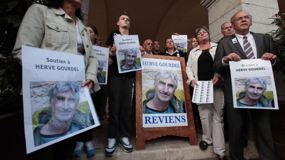 PHOTO: Demonstrators during a walk in support of Herve Gourdel, a French mountain guide who was seized on Sept. 21, 2014 evening while trekking in the Kabylie region of Algeria, in Saint-Martin-Vesubie, France, on Sept. 23, 2014. 