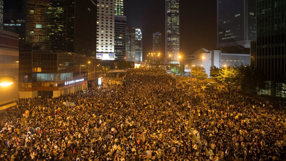 Protesters gather in the streets outside the Hong Kong Government Complex on Sept. 29, 2014 in Hong Kong.