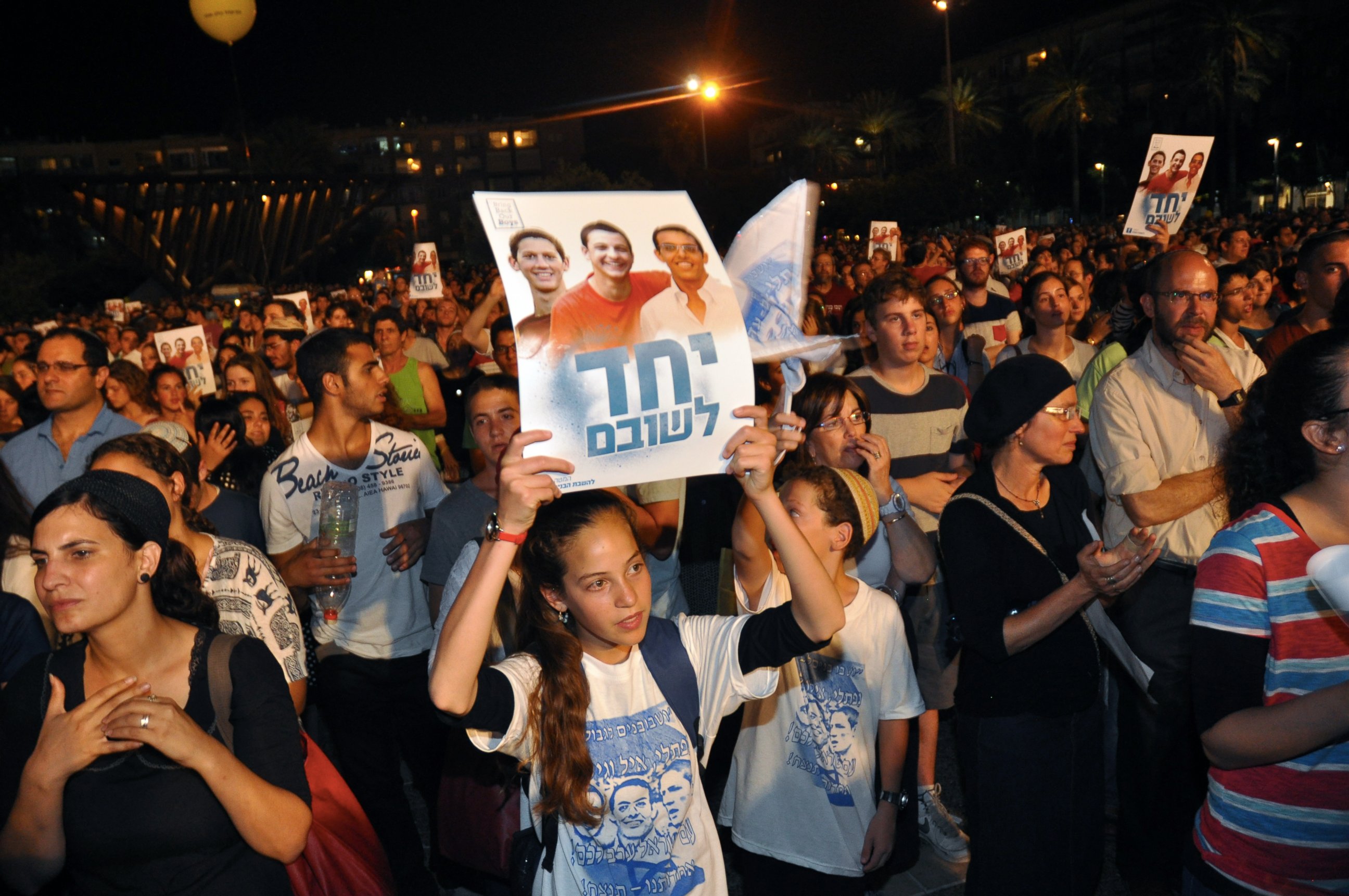 PHOTO: Thousands of people gathered in Tel Aviv's Rabin Square on June 29, 2014 for a rally calling for the release of the three Israeli boys who  were kidnapped on June 19 near the West Bank settlement of Gush Etzion. 