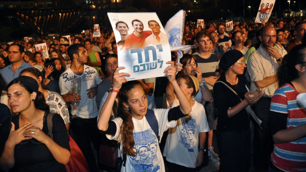 PHOTO: Thousands of people gathered in Tel Aviv's Rabin Square on June 29, 2014 for a rally calling for the release of the three Israeli boys who were kidnapped on June 19 near the West Bank settlement of Gush Etzion.