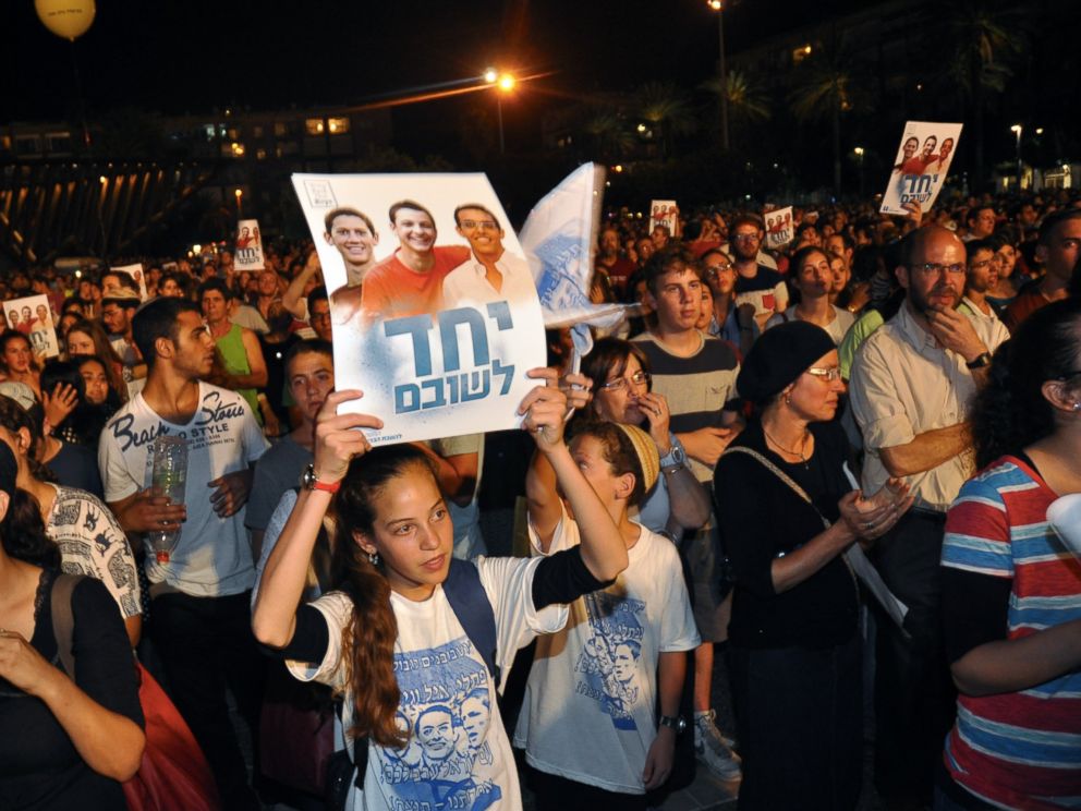 PHOTO: Thousands of people gathered in Tel Avivs Rabin Square on June 29, 2014 for a rally calling for the release of the three Israeli boys who were kidnapped on June 19 near the West Bank settlement of Gush Etzion.