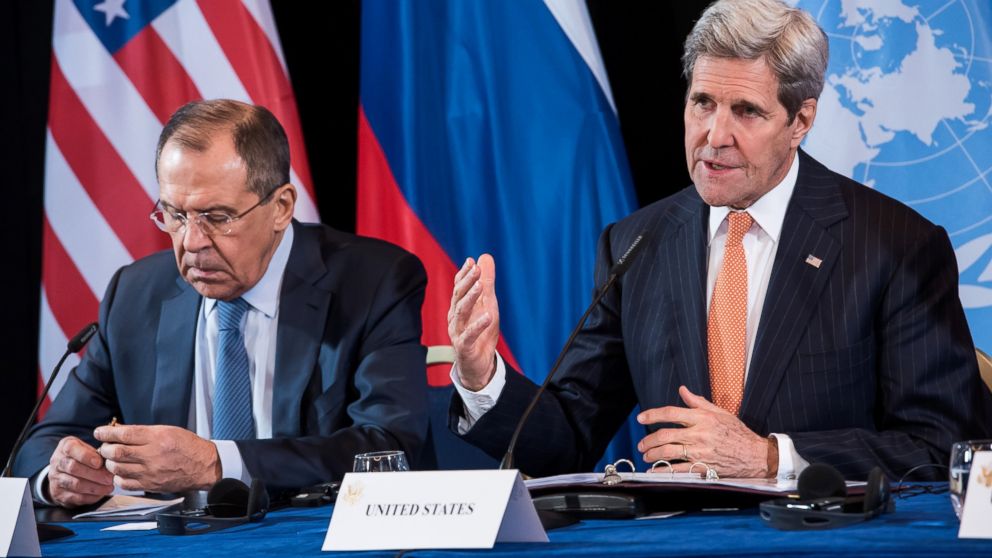 Russian Foreign Minister Sergey Lavrov and U.S. Secretary of State John Kerry attend a news conference after the International Syria Support Group meeting in Munich, Germany, Feb. 12, 2016.