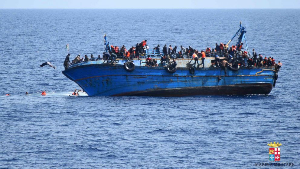 A handout picture from the Italian Navy shows the shipwreck of an overcrowded boat of migrants off the Libyan coast, May 25, 2016.