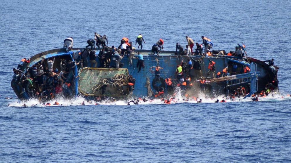 A handout picture from the Italian Navy shows the shipwreck of an overcrowded boat of migrants off the Libyan coast, May 25, 2016.