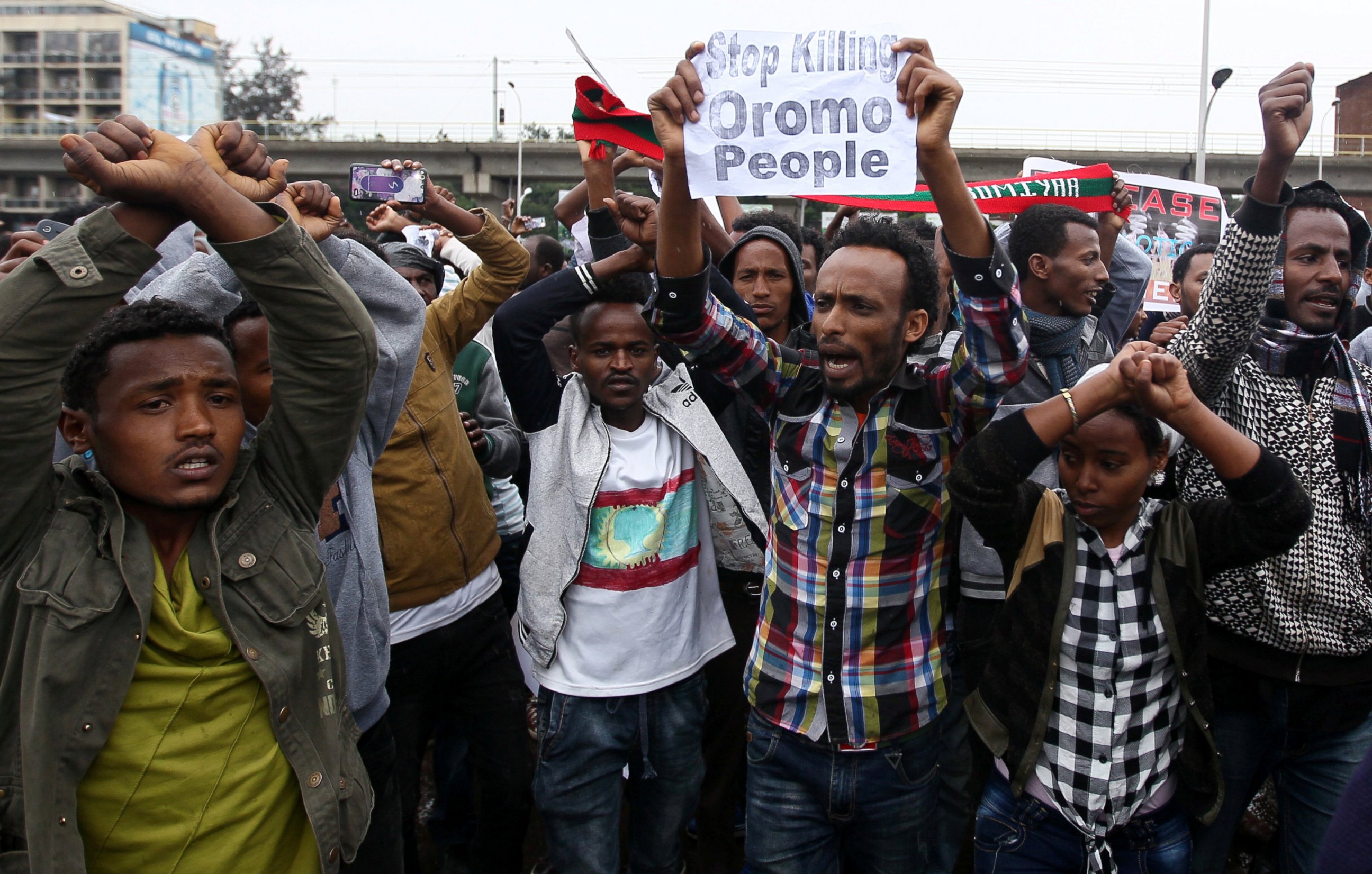 PHOTO: Protesters chant slogans during a demonstration over what they say is unfair distribution of wealth in the country at Meskel Square in Ethiopia's capital Addis Ababa, Aug. 6, 2016.