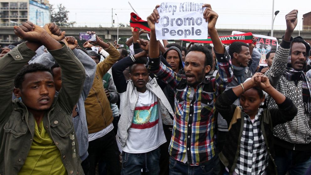 PHOTO: Protesters chant slogans during a demonstration over what they say is unfair distribution of wealth in the country at Meskel Square in Ethiopia's capital Addis Ababa, Aug. 6, 2016.