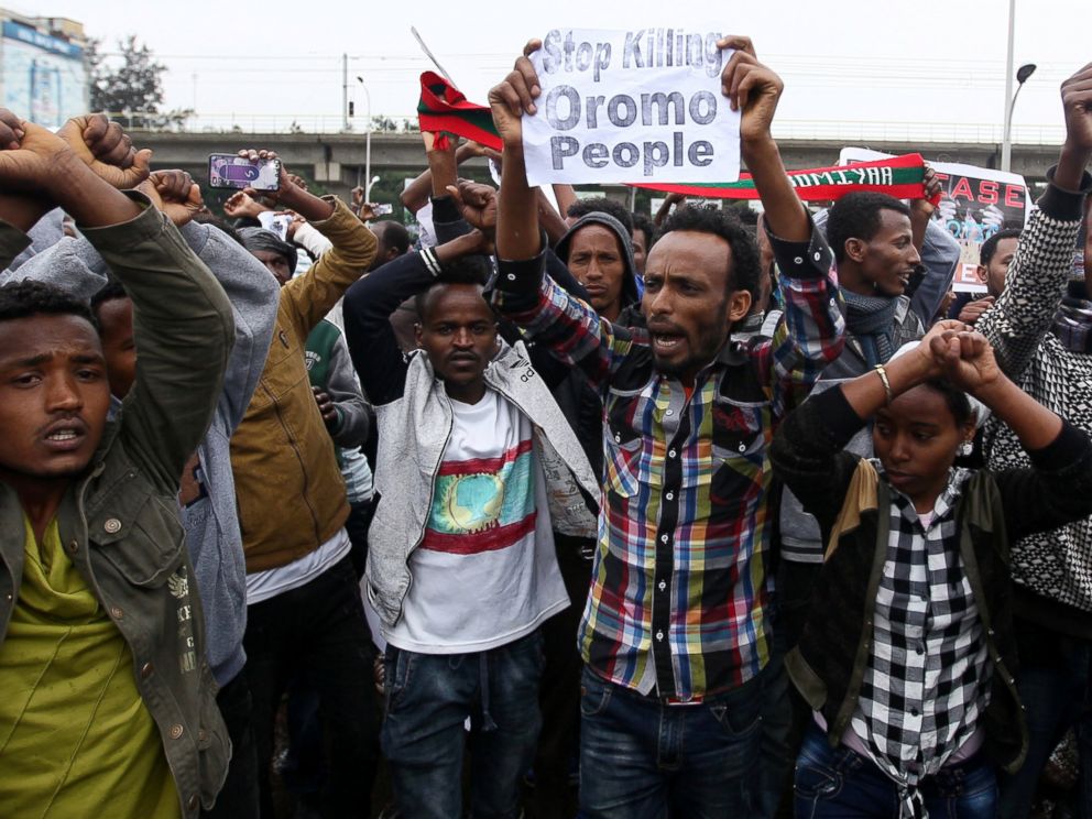 PHOTO: Protesters chant slogans during a demonstration over what they say is unfair distribution of wealth in the country at Meskel Square in Ethiopias capital Addis Ababa, Aug. 6, 2016.