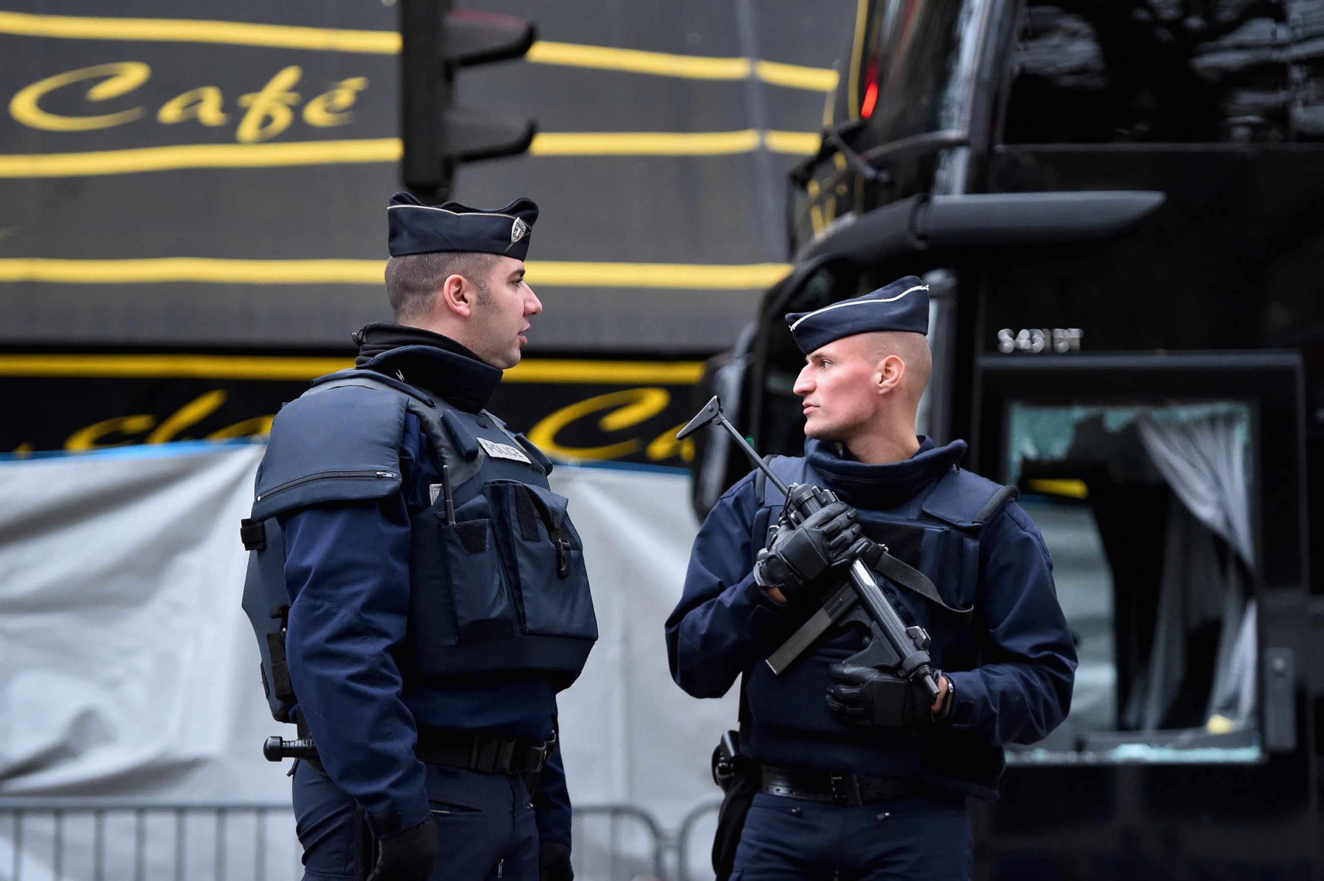 PHOTO: French police officers stand guard in front of the main entrance of Bataclan concert hall as the cordon is lifted following Fridays terrorist attacks on Nov. 16, 2015 in Paris.