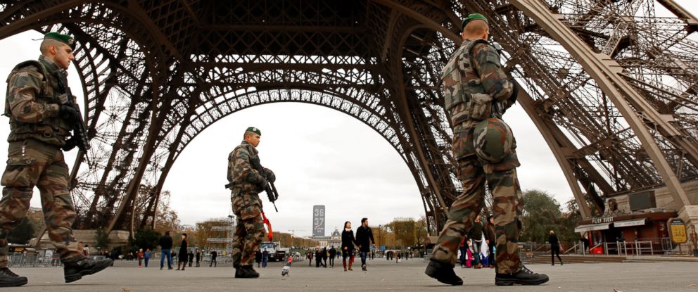 PHOTO: Members of the French Foreign Legion patrol near the Eiffel Tower, Nov. 16, 2015.