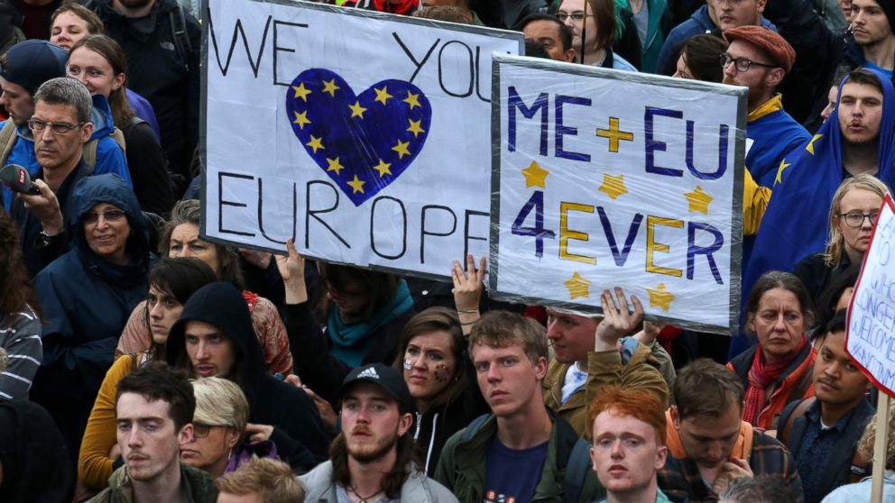 PHOTO: Demonstrators hold up Pro-Europe placards at an anti-Brexit protest in Trafalgar Square in London, June 28, 2016. 