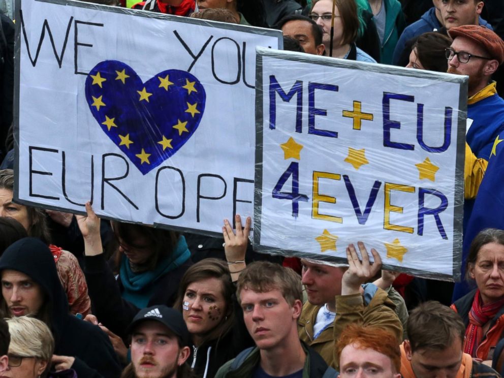 PHOTO: Demonstrators hold up Pro-Europe placards at an anti-Brexit protest in Trafalgar Square in London, June 28, 2016. 