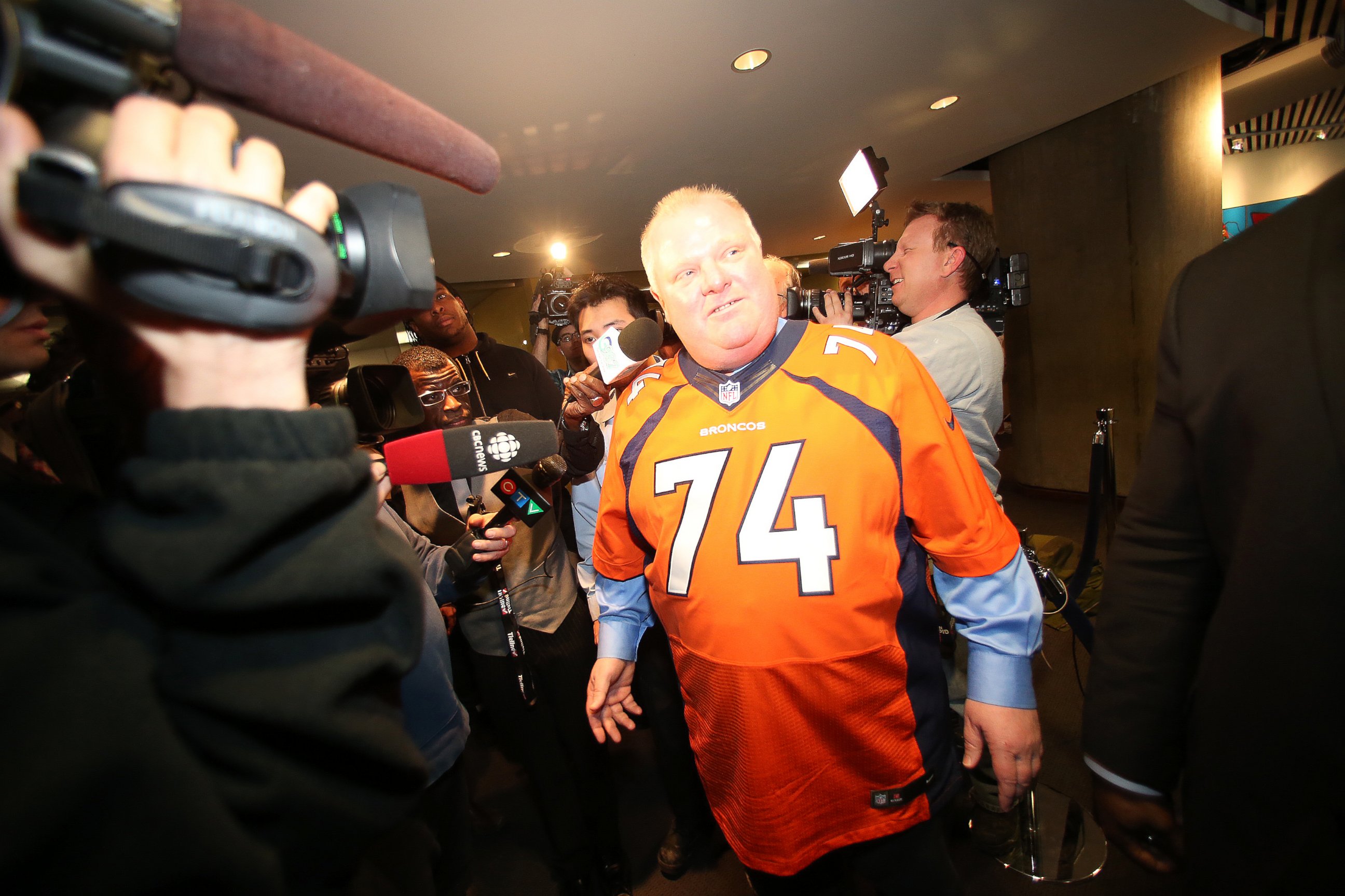 PHOTO: Mayor Rob Ford wears a Denver Broncos jersey on Feb 11, 2014 in Toronto, Canada. 