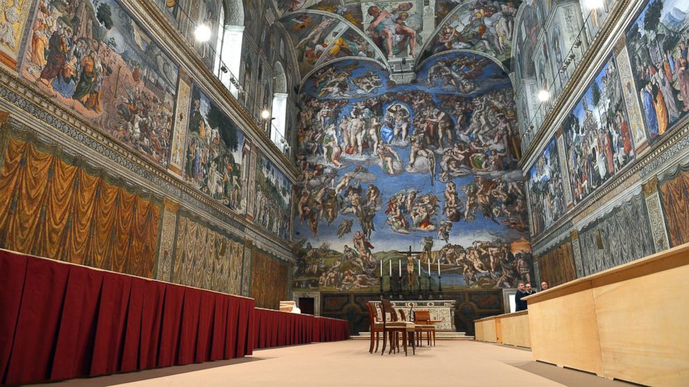 PHOTO: This March 9, 2013 file photo shows a view inside the Sistine chapel being prepared for a cardinals conclave at the Vatican. 