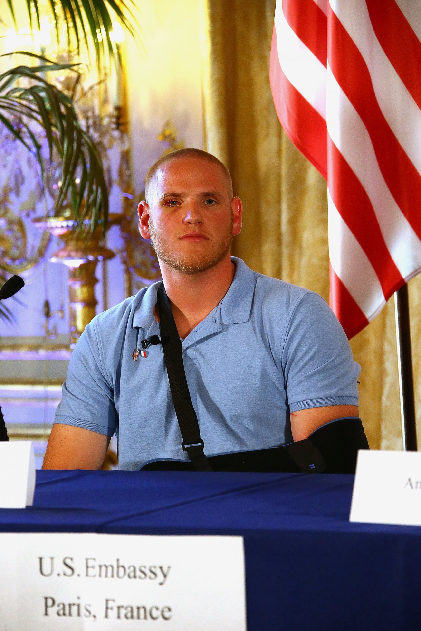 PHOTO:Spencer Stone Gives A Press Conference at the US Ambassador Residence, Aug. 23, 2015, in Paris. 