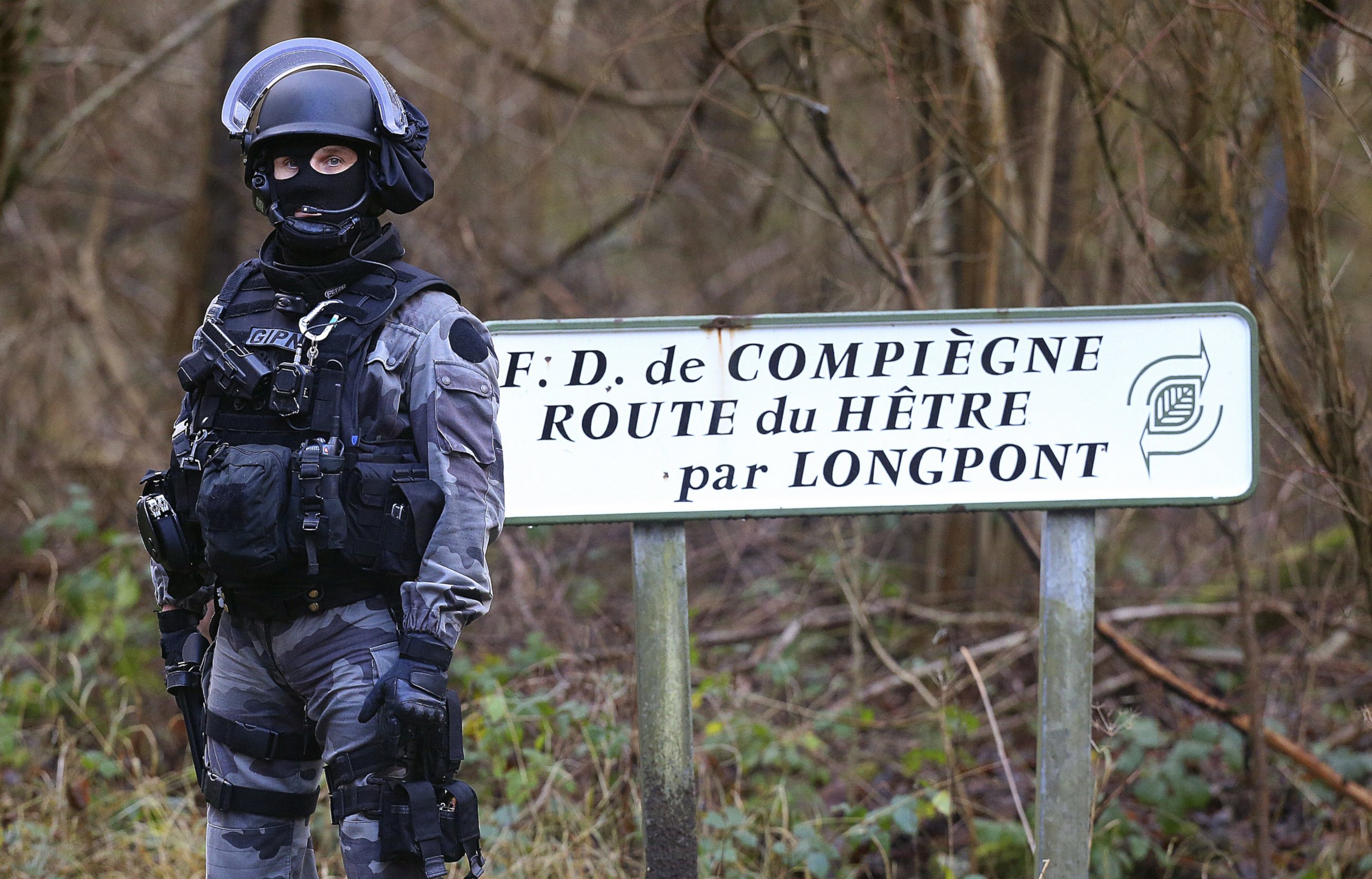 PHOTO: French National Police near Villers-Cotterets, north-east of Paris, where the two armed suspects in the attack on French satirical weekly newspaper Charlie Hebdo were allegedly spotted, Jan. 8, 2015. 