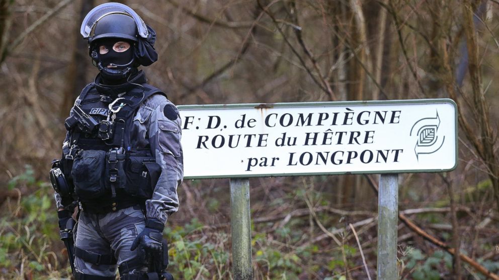French National Police near Villers-Cotterets, north-east of Paris, where the two armed suspects in the attack on French satirical weekly newspaper Charlie Hebdo were allegedly spotted, Jan. 8, 2015. 