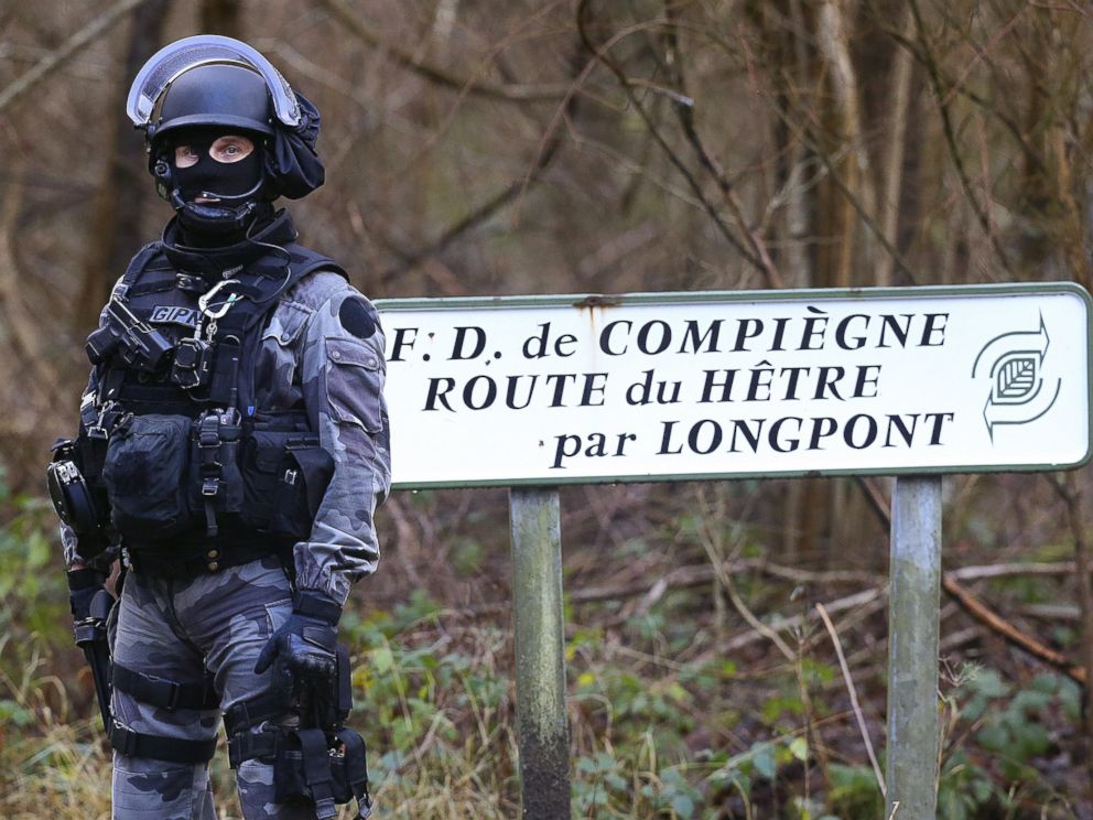 PHOTO: French National Police near Villers-Cotterets, north-east of Paris, where the two armed suspects in the attack on French satirical weekly newspaper Charlie Hebdo were allegedly spotted, Jan. 8, 2015.