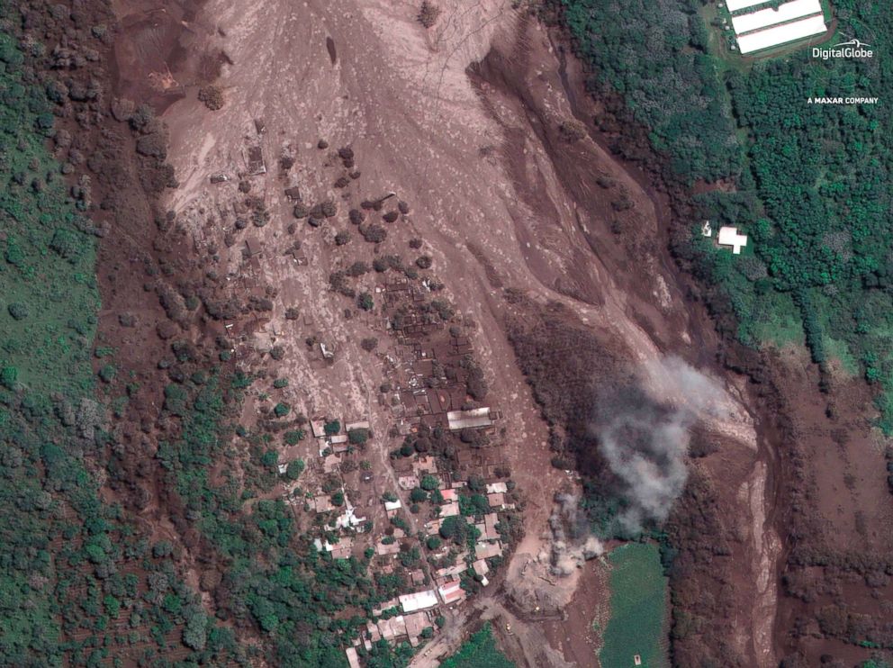 PHOTO: A satellite image of the hamlet of San Miguel Los Lotes, Guatemala, June 6, 2018, after the hamlet was encased in volcanic material following the eruption of the Volcan de Fuego.