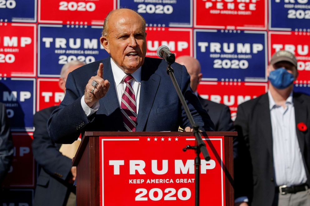 PHOTO: Former New York City Mayor Rudy Giuliani, personal attorney to President Donald Trump, speaks after media announced that Democratic presidential nominee Joe Biden has won the election, in, Philadelphia, Nov. 7, 2020.