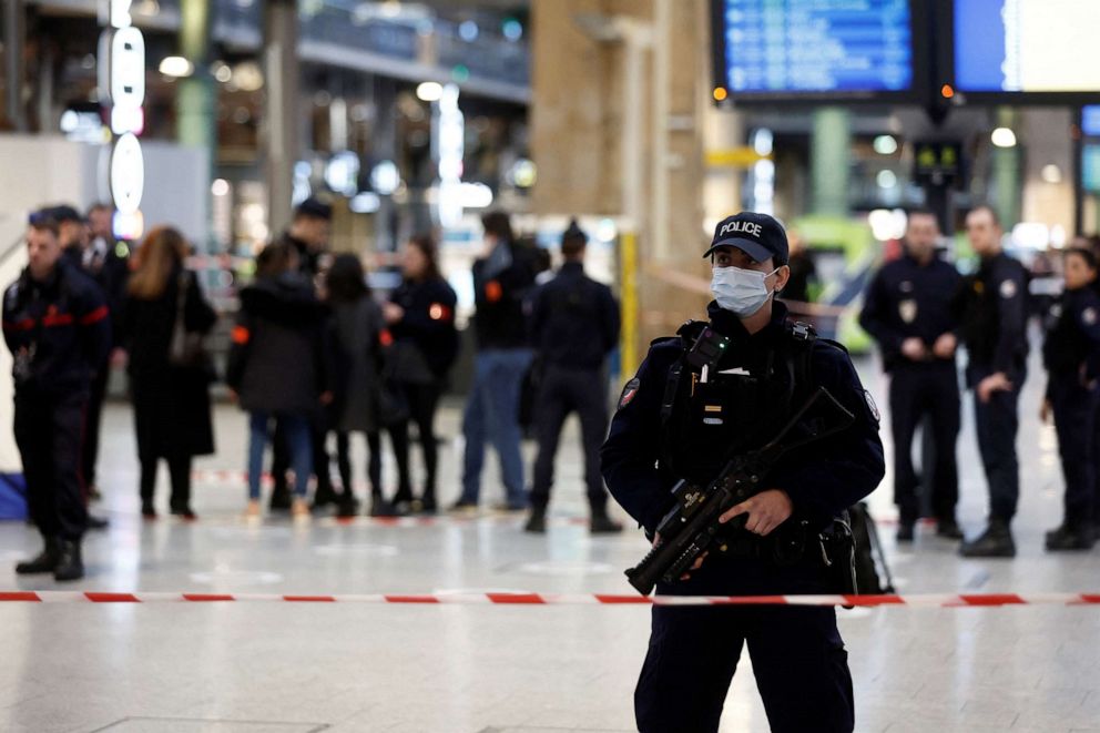 PHOTO: French police secure the area after a man with a knife wounded several people at the Gare du Nord train station in Paris, France, Jan. 11, 2023.