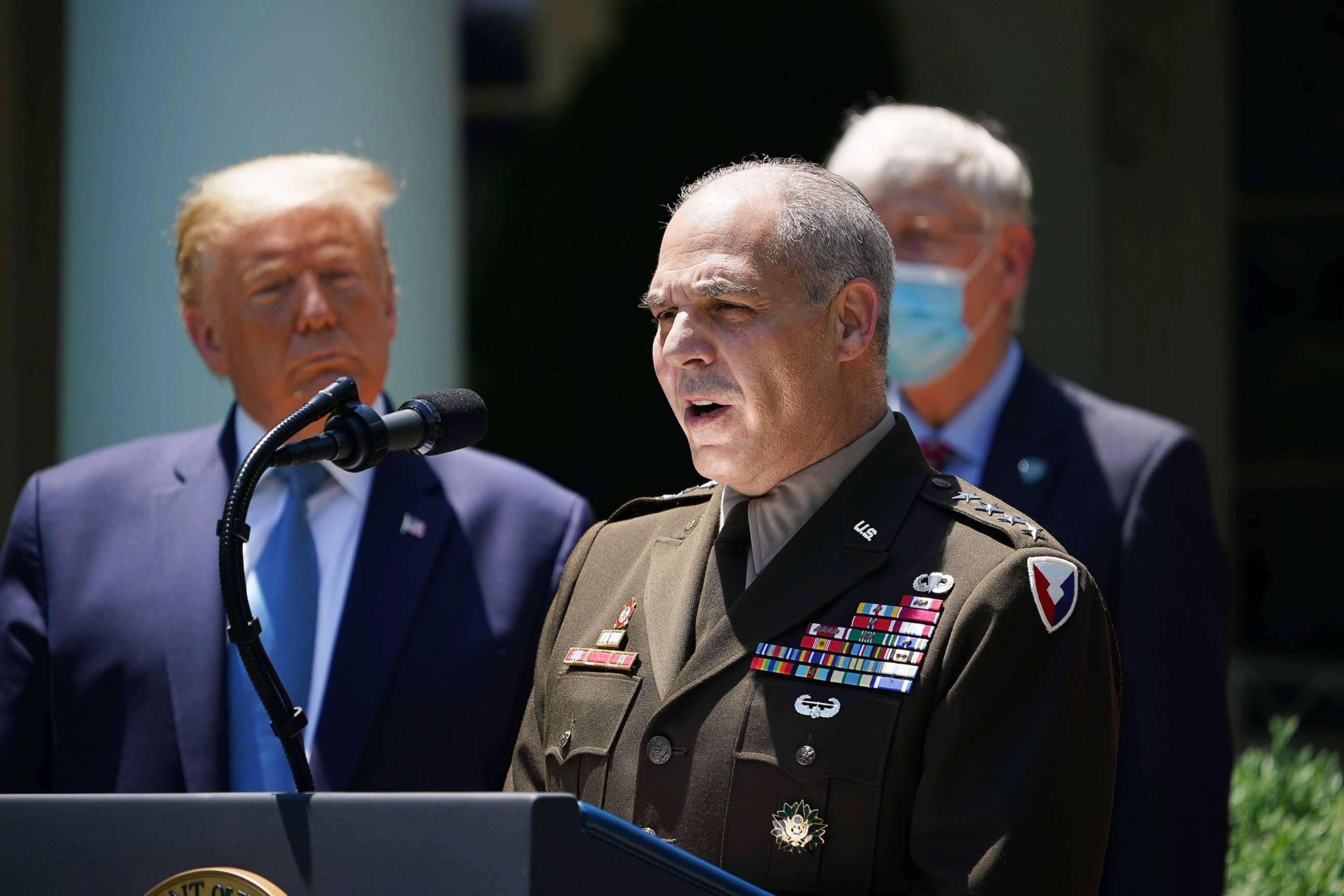 PHOTO: Commander of Army Material Command Gen. Gustave Perna speaks on vaccine development, May 15, 2020, in the Rose Garden of the White House, in Washington.