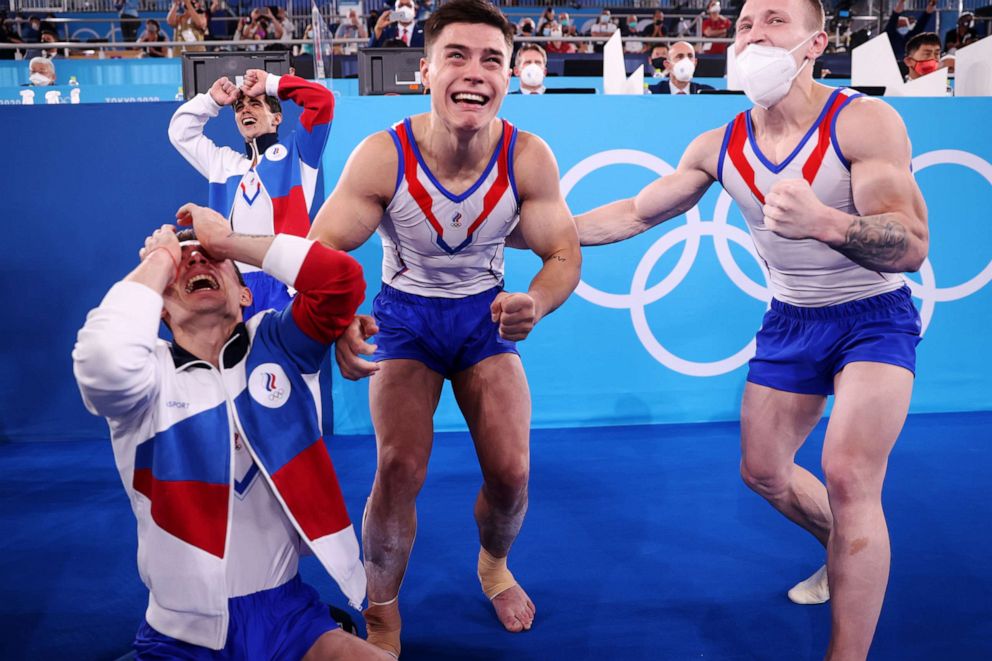 PHOTO: David Belyavskiy, Artur Dalaloyan, Nikita Nagornyy, and Denis Abliazin Team ROC react after winning gold in the Men's Team Final on day three of the Tokyo 2020 Olympic Games at Ariake Gymnastics Centre on July 26, 2021 in Tokyo, Japan.