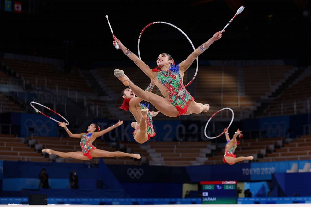 PHOTO: Team Japan is seen in action during the group all-around qualifications for rhythmic gymnastics on Aug. 7, 2021, in Tokyo, Japan.