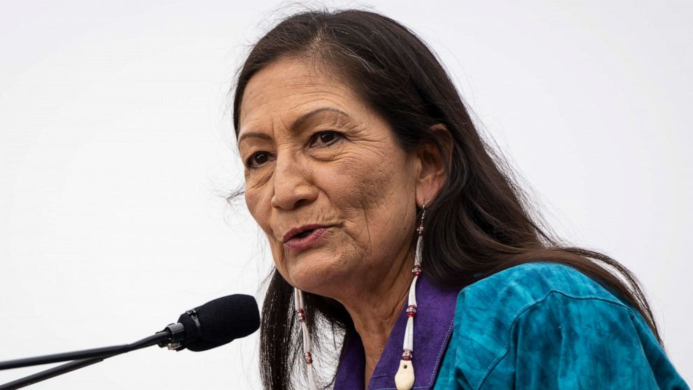 PHOTO: Secretary of the Interior Deb Haaland speaks during a welcome ceremony for a totem pole carved by the House of Tears Carvers of the Lummi Nation, on the National Mall, July 29, 2021, in Washington, D.C.