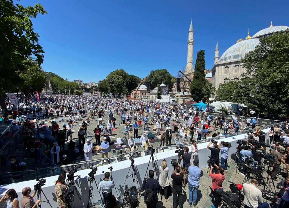 PHOTO: Muslims pray during Friday prayers at the historic Sultanahmet district of Istanbul, near the Byzantine-era Hagia Sophia, Friday, July 24, 2020.
