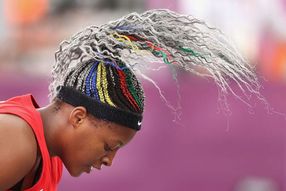 PHOTO: Stephanie Mawuli's hair is pictured in the 3x3 Basketball competition on day four of the Tokyo 2020 Olympic Games on July 27, 2021 in Tokyo, Japan.