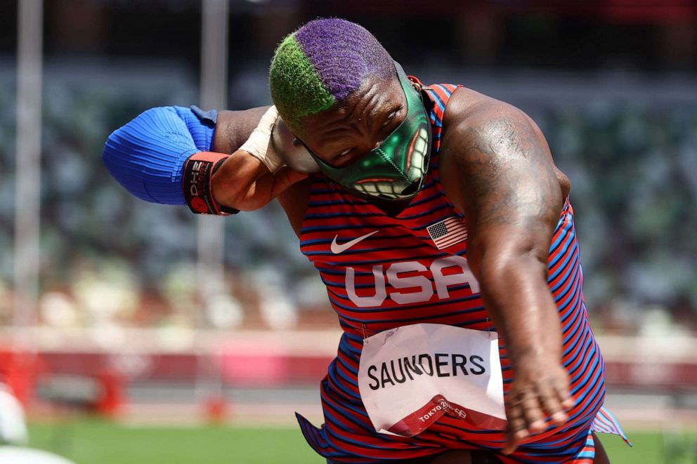 PHOTO: Raven Saunders of the United States is seen in action in the women's shot put on Aug. 1, 2021 in Tokyo, Japan.