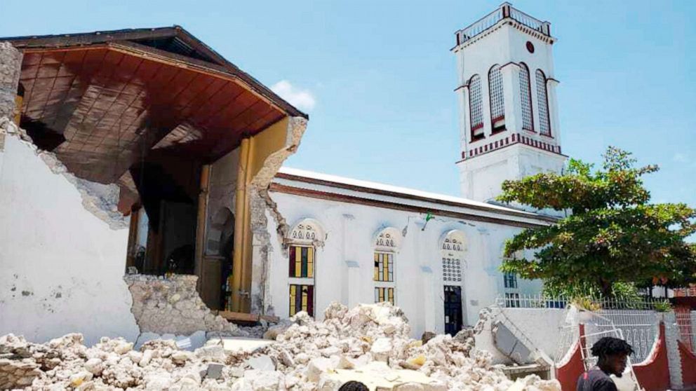 PHOTO: Sacred Heart church sits damaged after an earthquake in Les Cayes, Haiti, Aug. 14, 2021.