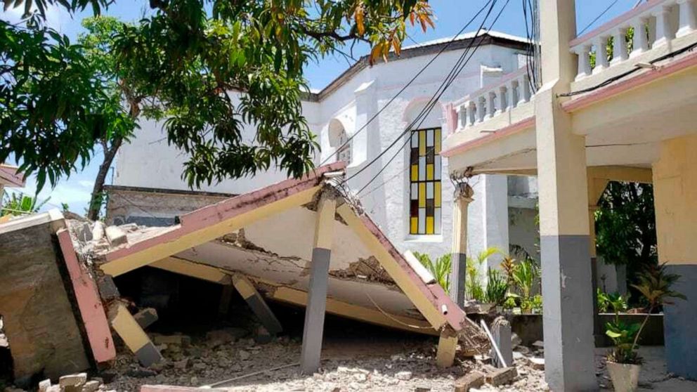 PHOTO: Sacred Heart church sits damaged after an earthquake in Les Cayes, Haiti, Aug. 14, 2021.