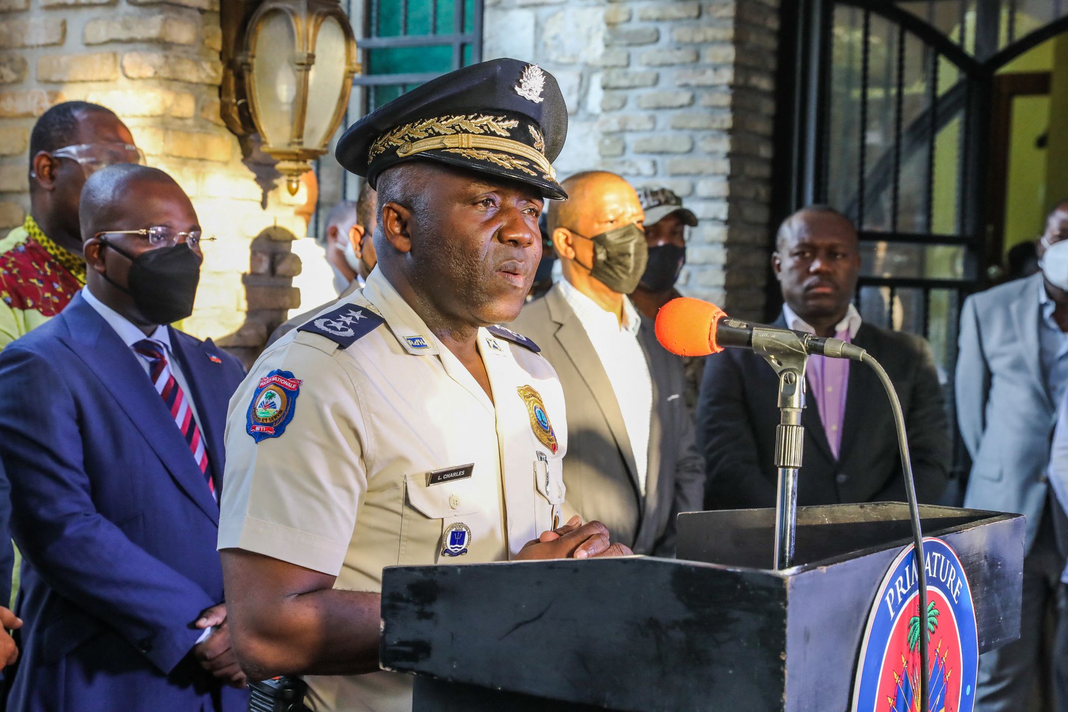 PHOTO: Leon Charles, head of the Haitian National Police, speaks during a press conference in Port-au Prince, Haiti, on July 11, 2021.